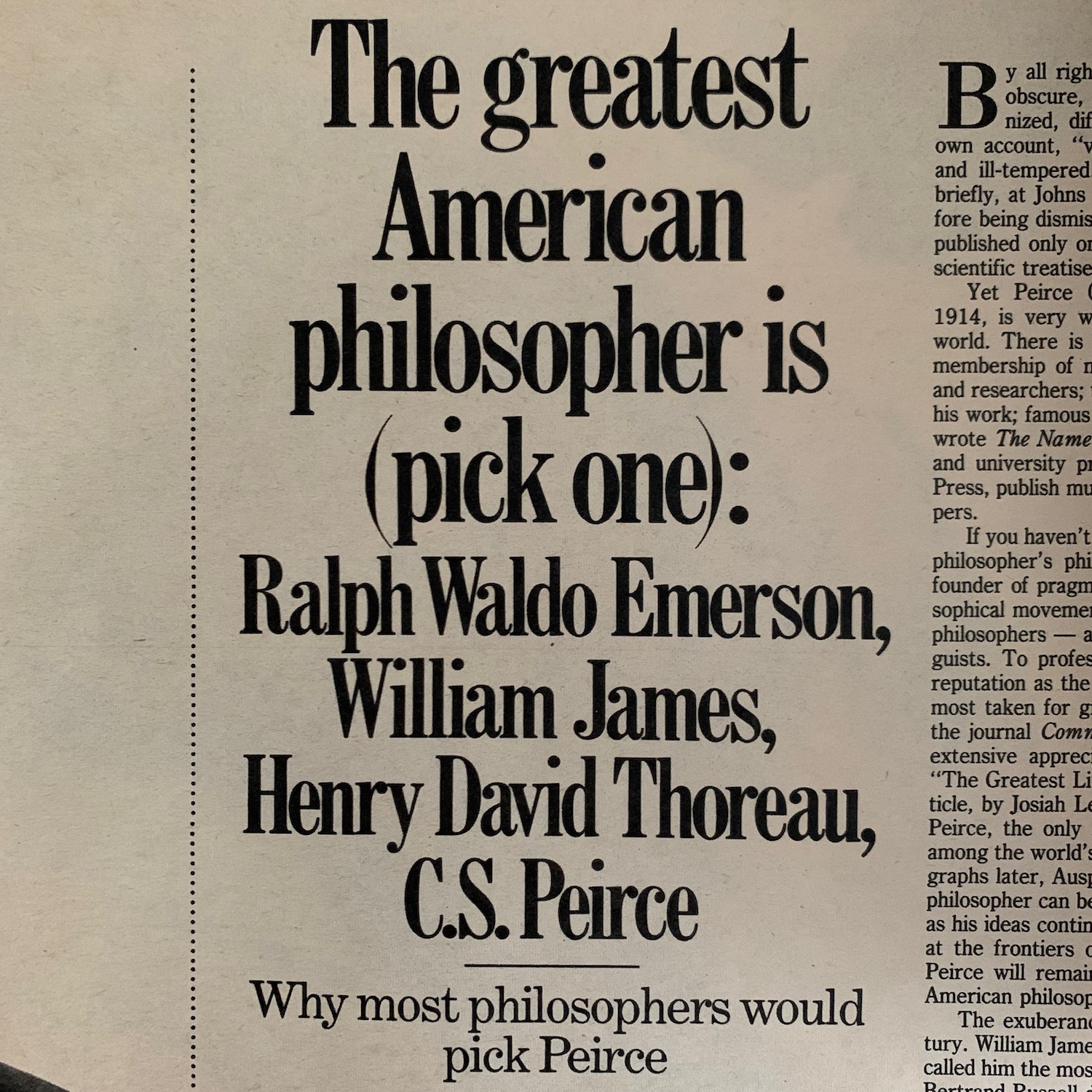 article subtitle on why most philosophers would pick Peirce as the greatest American philosopher