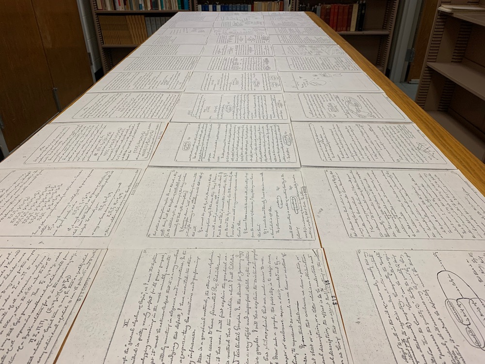 picture showing table covered with pages of Peirce's MS 513